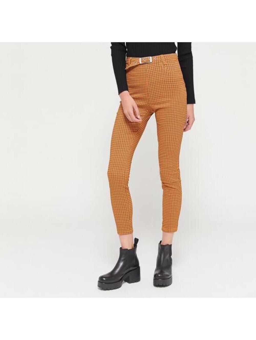 Urban Outfitters Neve Belted High-Waisted Cigarette Pant Yellow Plaid Womens 6